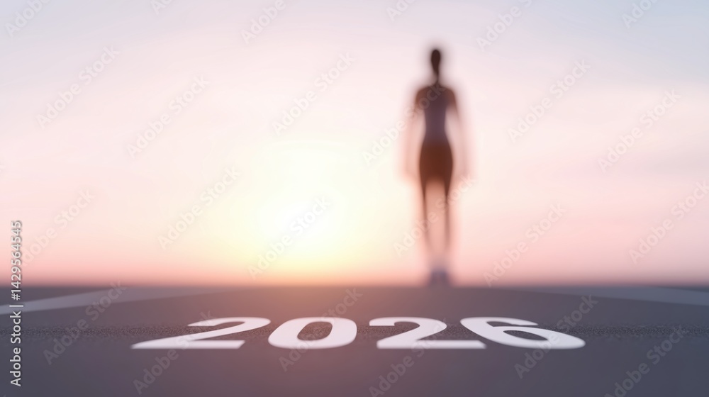Future aspirations emerge on a horizon as a silhouette stands before the year 2026 during sunset.