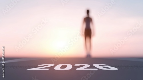 Obraz na płótnie Future aspirations emerge on a horizon as a silhouette stands before the year 2026 during sunset. w salonie