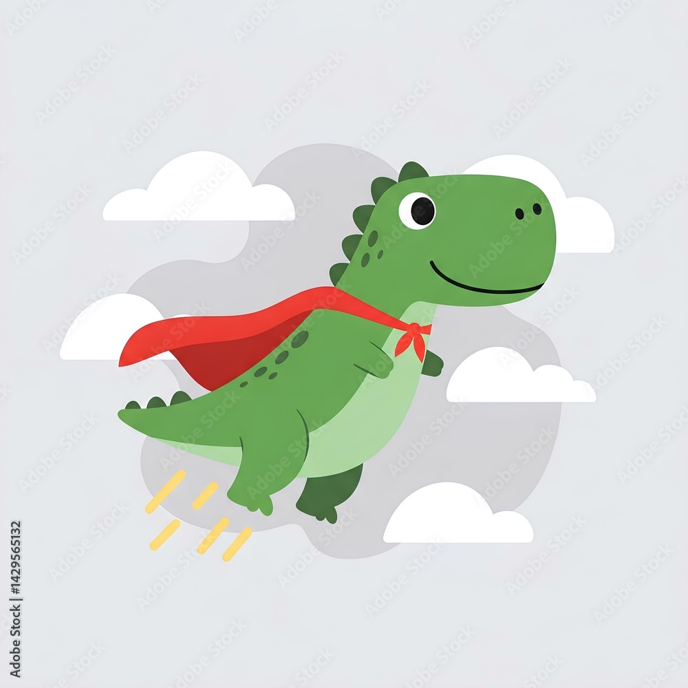 Naklejka premium Adorable Green Dinosaur Superhero Soaring Through Clouds Cartoon Illustration