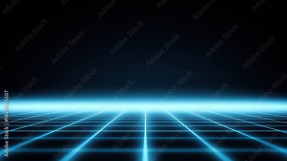 Futuristic digital landscape with glowing grid pattern and dark background creating a sci-fi atmosphere.