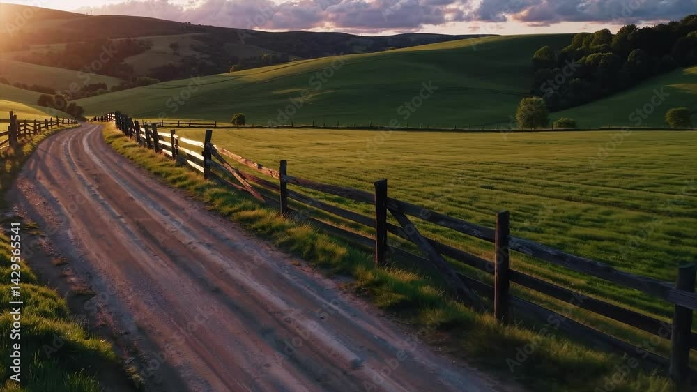 Explore a serene dirt road in a picturesque countryside during sunset near rolling hills Explore a serene dirt road in a picturesque countryside during sunset near rolling hills