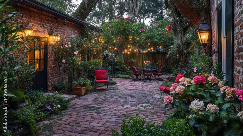 Fototapeta premium Outdoor brick patio lit with string lights for evening party, nature background