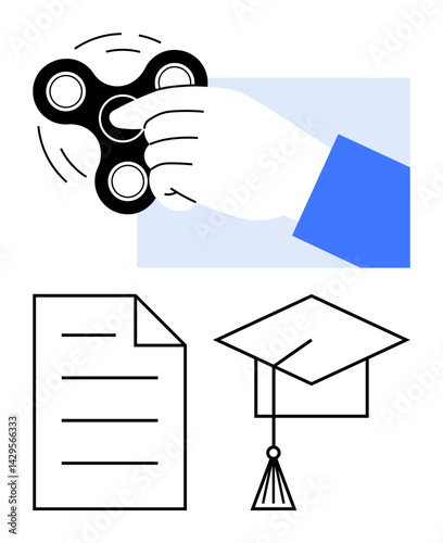 Hand holding spinning fidget toy, document, and graduation cap symbolizing attention, learning, and achievement. Ideal for education, focus, productivity, relaxation student life mental health