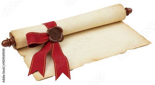 royal scroll with ribbon and old wax seal isolated
