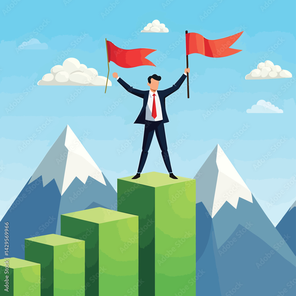 Businessman success achievement reaching goals with flags on top of graph illustration vector image Businessman success achievement reaching goals with flags on top of graph illustration vector image