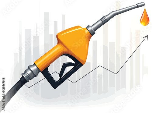 Fuel prices rising concept illustration with gas pump nozzle and upward trending graph for economy impact