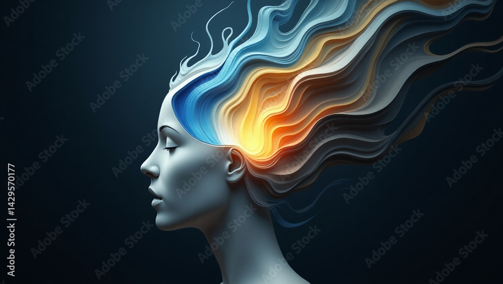 Abstract Woman Profile with Colorful Flowing Hair Creative Mind Concept Art Abstract Woman Profile with Colorful Flowing Hair Creative Mind Concept Art