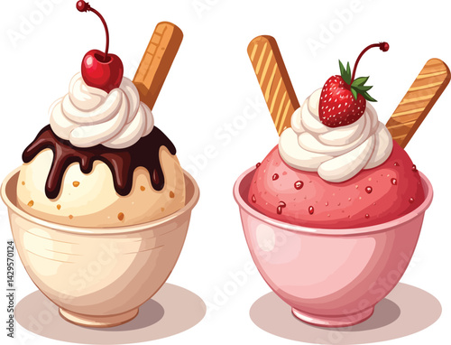 Delicious ice cream sundae bowls with cherry and strawberry toppings vector illustration for dessert lovers