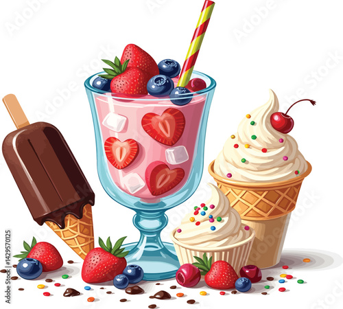 Delicious summer treats ice cream sundae popsicle with berries and colorful sprinkles illustration art