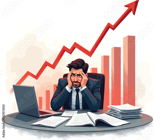 Stressed businessman with financial growth chart laptop and documents on desk illustration concept