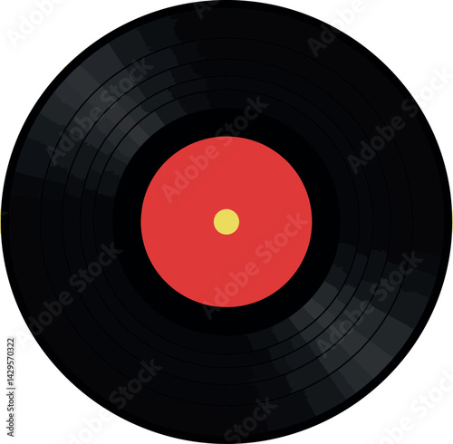 Vinyl record black with red and yellow center label vector illustration music disc 