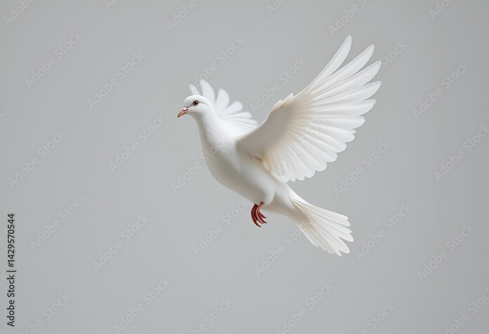 Fototapeta premium White Dove in Flight Isolated on White for Peace and Freedom Concepts Featuring a Pure Bird with Wings Spread Wide in a Graceful Flying Pose for Spirituality Imagery: White, Dove, Flight, Isolated.