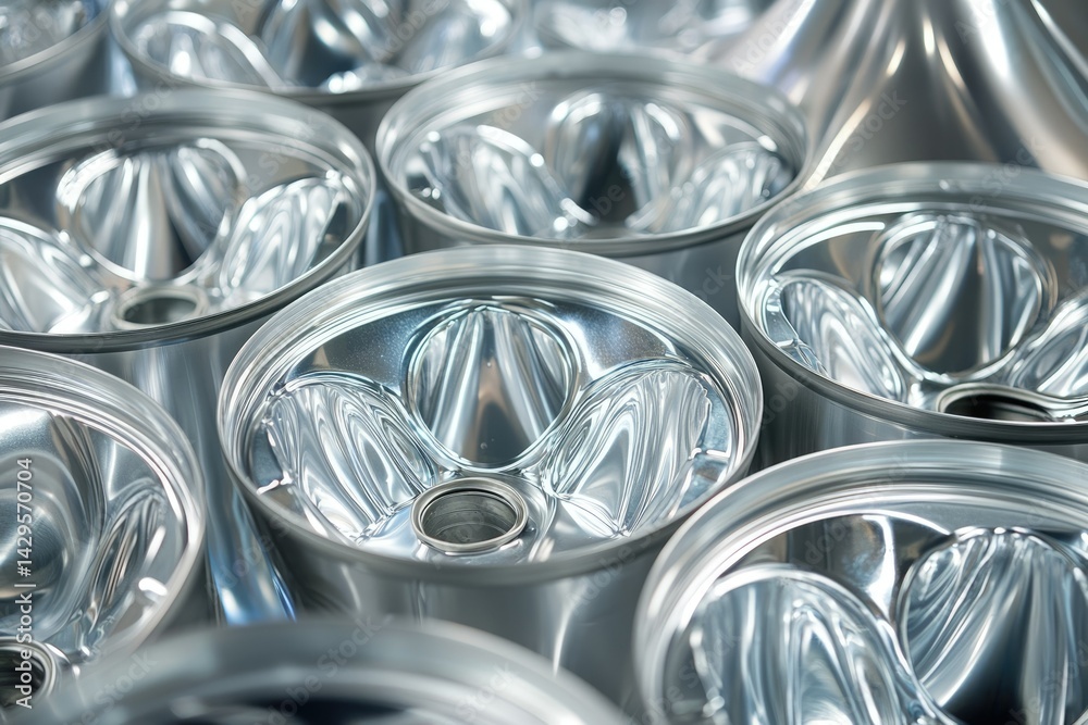 Close-up of shiny, metallic cans with a unique five-lobe design, likely for food packaging. Close-up of shiny, metallic cans with a unique five-lobe design, likely for food packaging.