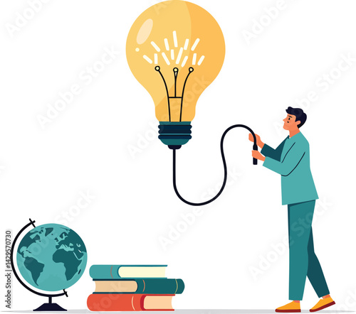 Illustration of man with light bulb idea globe and books for education and learning concepts design