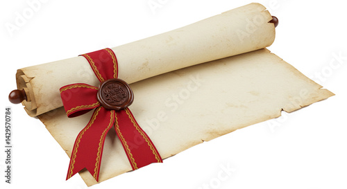 royal scroll with ribbon and old wax seal isolated