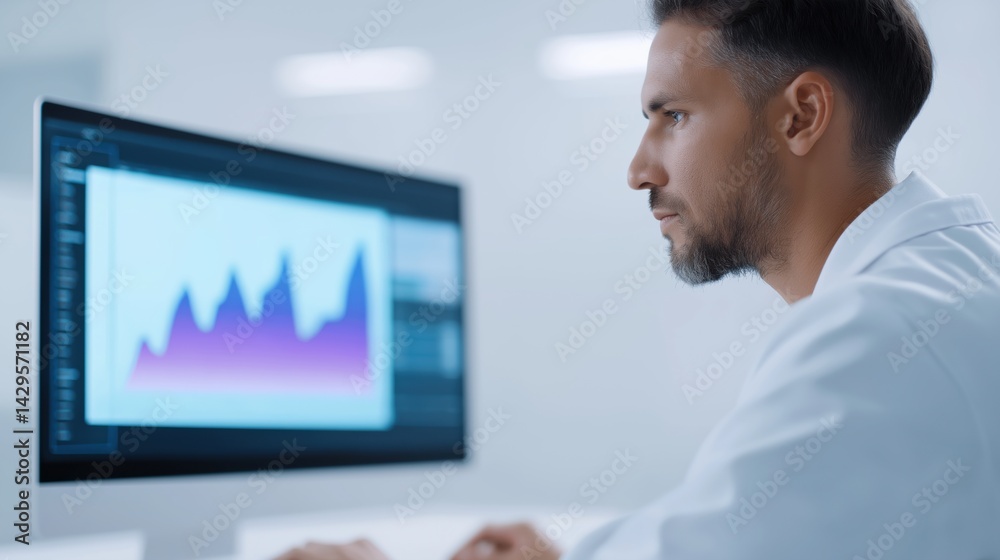 Data analysis in a modern office setting during the daytime focusing on digital graphs on the screen.