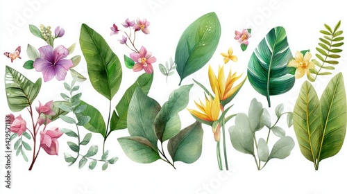 Hand-painted watercolor tropical leaves. Exotic jungle foliage with bright greens and tropical florals in a painterly style