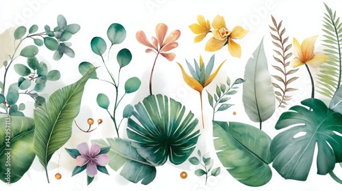 Hand-painted watercolor tropical leaves. Exotic jungle foliage with bright greens and tropical florals in a painterly style 