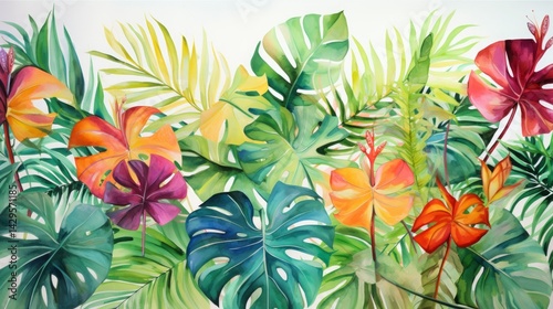 Hand-painted watercolor tropical leaves. Exotic jungle foliage with bright greens and tropical florals in a painterly style