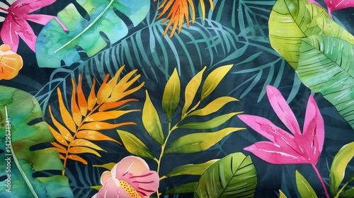 Hand-painted watercolor tropical leaves, Exotic jungle foliage with bright greens and tropical florals in a painterly style