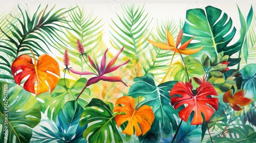 Hand-painted watercolor tropical leaves.  Exotic jungle foliage with bright greens and tropical florals in a painterly style 