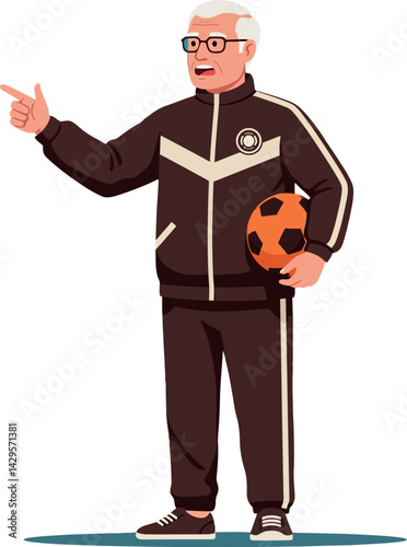 Elderly man holding soccer ball pointing with hand in sportswear vector illustration 