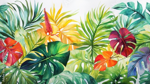 Hand-painted watercolor tropical leaves, Exotic jungle foliage with bright greens and tropical florals in a painterly style