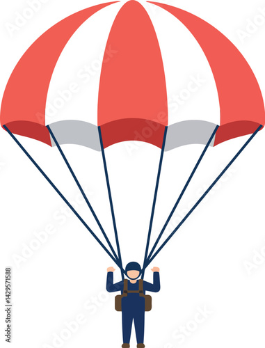 Parachutist with red and white parachute descending in flat vector style illustration 