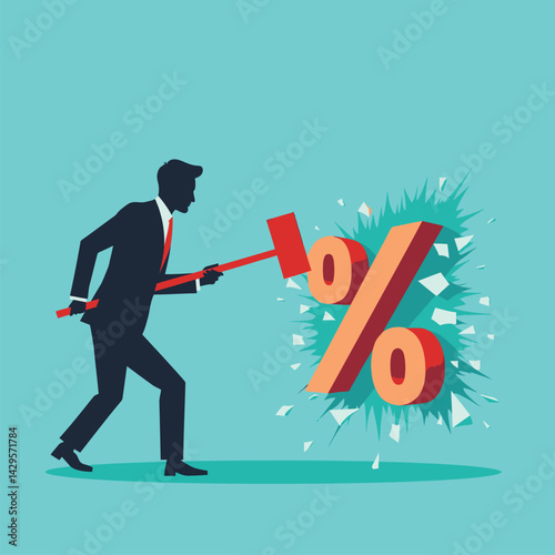 Interest rates cut concept businessman smashing percentage sign business finance economy investment market growth