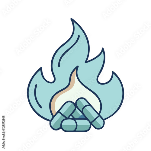 Burning pellets icon in soft blue tones, renewable heating energy concept
