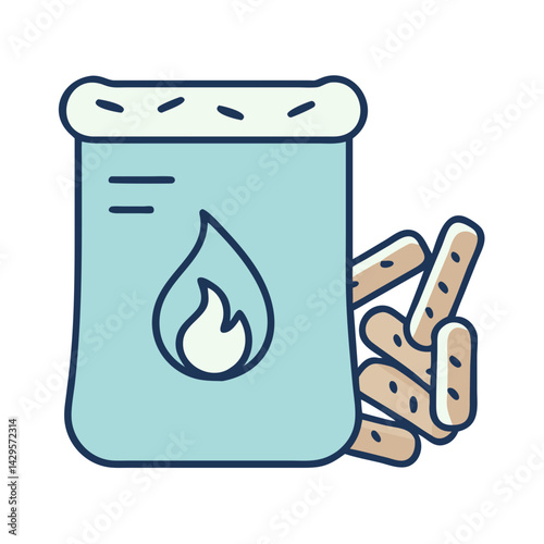 Sack of wood pellets with flame symbol, flat blue style, renewable heating fuel concept