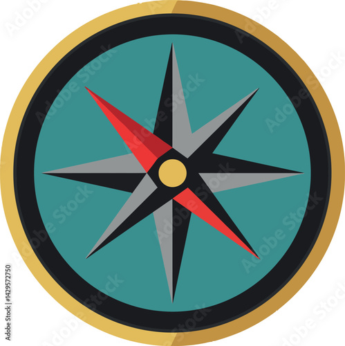 Compass rose navigation icon with gold and red accents vector illustration design 