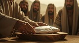 A moment of solemnity as a fish is placed in a wooden bowl with people surrounding