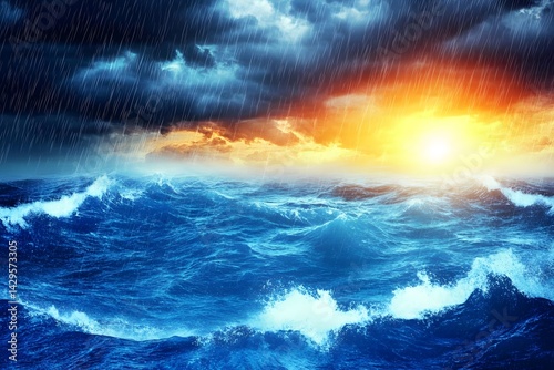 Dramatic Ocean Storm Sunset Landscape, Intense Waves and Rain