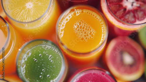 Refreshing Fruit Juices in Transparent Glasses from Overhead and Close-Up Perspectives