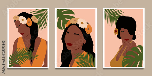 Beautiful three girl boho portraits with flowers in there hair and tropical leaves 