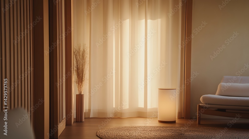 Tranquil interior design featuring warm lighting and sheer curtains. Tranquil interior design featuring warm lighting and sheer curtains.
