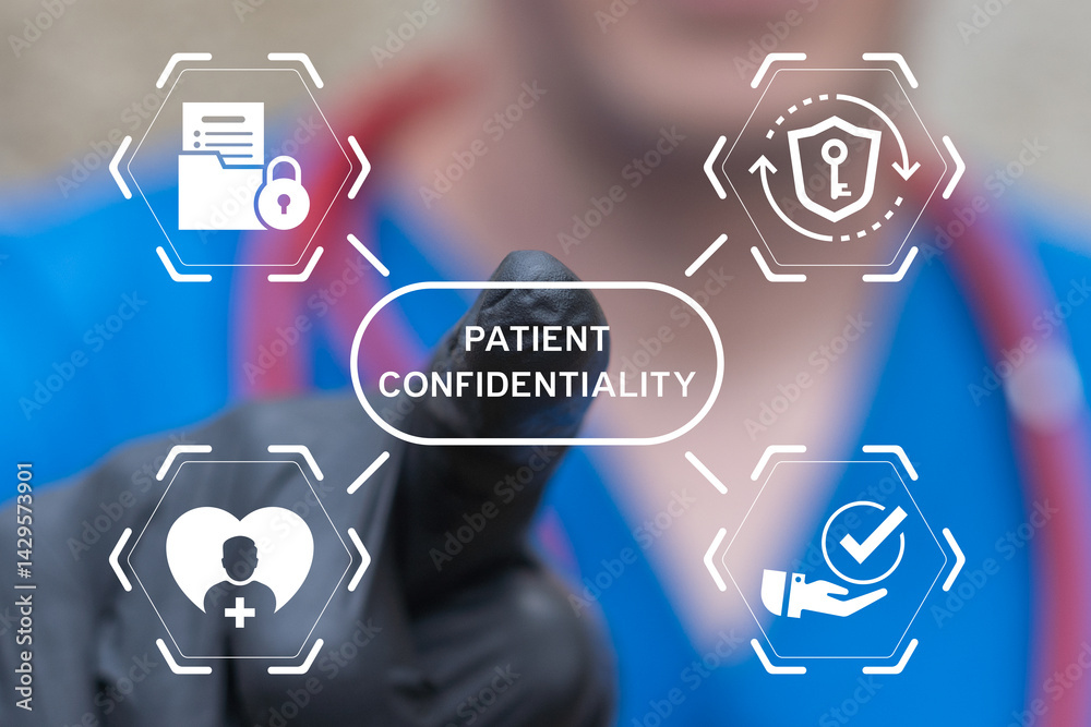 Doctor holding wooden blocks with icons and sees text: PATIENT CONFIDENTIALITY. Medical Confidentiality. Patient Information Confidentiality Health Care Concept.