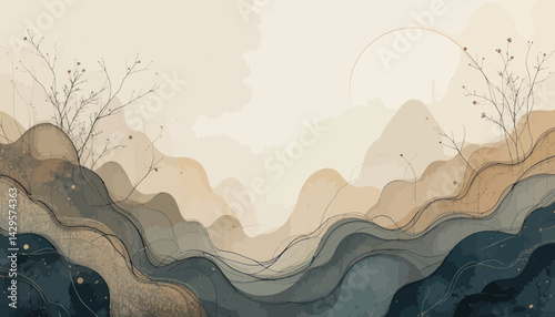 Abstract Beige Brown and Blue Watercolor Mountain Landscape