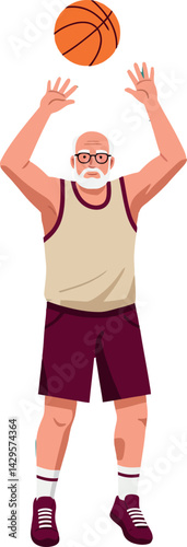 Elderly man playing basketball shooting ball in sportswear vector illustration 