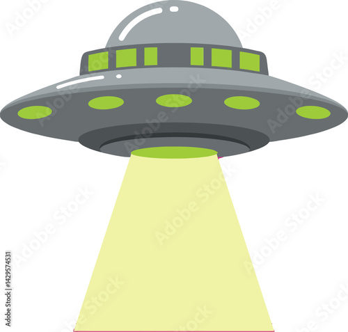 UFO spaceship with green lights and yellow beam vector illustration simple design 