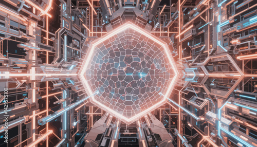 Abstract Glowing Hexagon Tunnel in a Digital Network