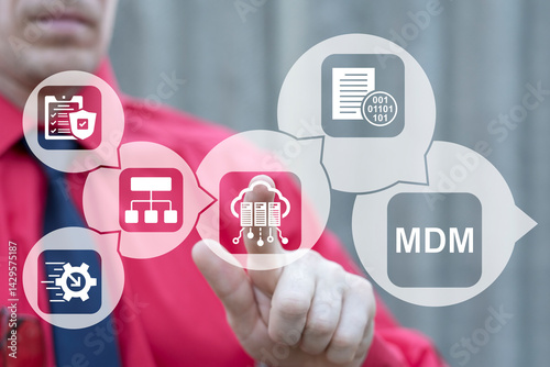 Business person using virtual touch screen push text: MDM. MDM Master Data Management Information Technology concept. Consistency, Accuracy, Integration, Governance, Standards, Hierarchy, Compliance.