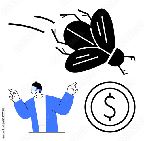VR-equipped man gesturing at a giant bug and coin. Ideal for innovation, virtual reality, creativity, technology, futuristic concepts, entrepreneurship, simple landing page
