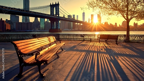 Retro City Bridge Sunset with Benches and Long Shadows