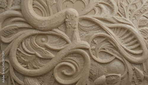 Beige Stone Relief Sculpture with Intricate Floral Pattern