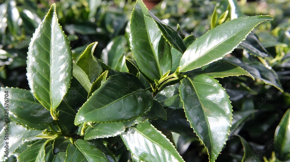 Fototapeta premium Vibrant Green Tea Leaves Close Up Lush Foliage