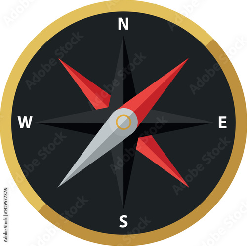 Compass rose navigation tool with gold rim and red grey needles vector illustration 