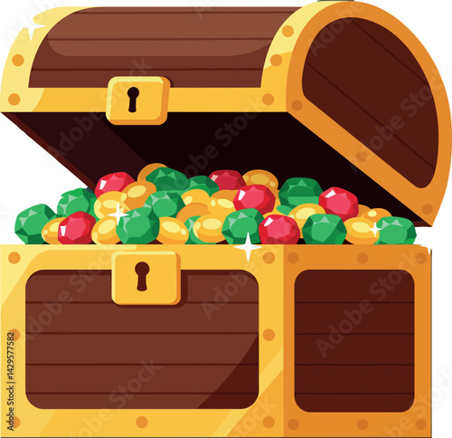 Treasure chest filled with colorful gems and gold coins vector illustration 