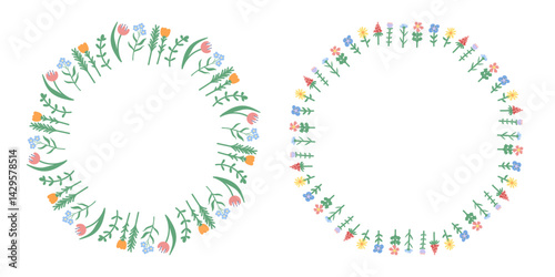 Floral cute round frame set. Tiny simple flowers